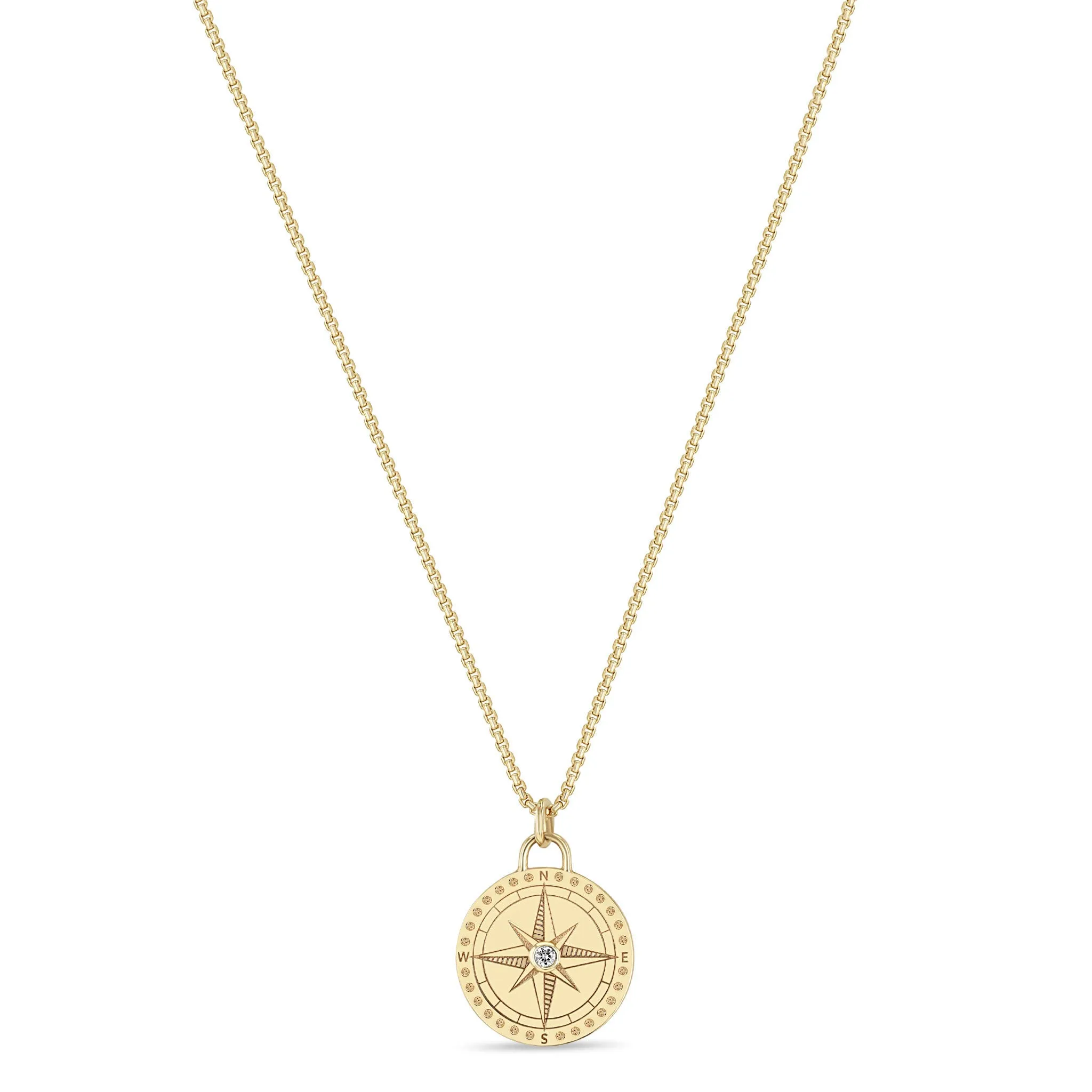 14k Small Compass Medallion Box Chain Necklace