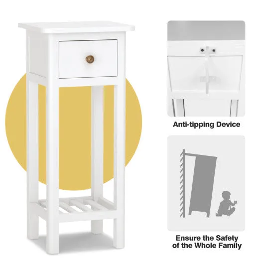 2 Tier Slim Nightstand Bedside Table with Drawer Shelf-White