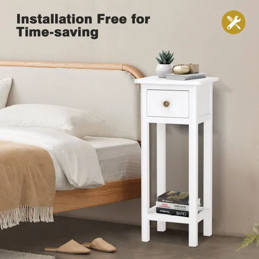 2 Tier Slim Nightstand Bedside Table with Drawer Shelf-White