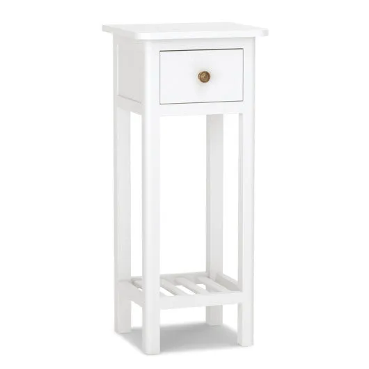 2 Tier Slim Nightstand Bedside Table with Drawer Shelf-White