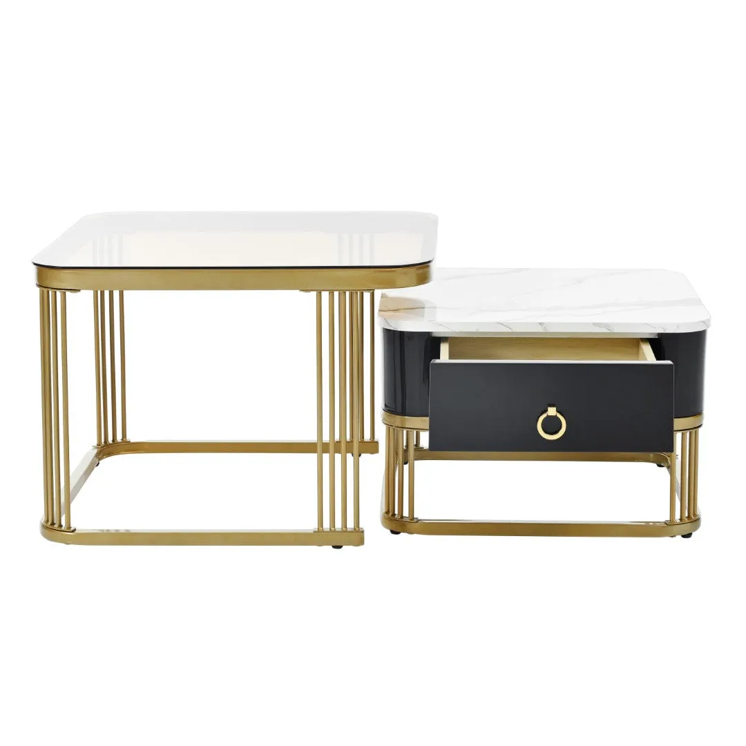 3-Piece Nesting Coffee Table Set, Square Stacking Tables with Brown Glass, High Gloss Marble Grain, Black