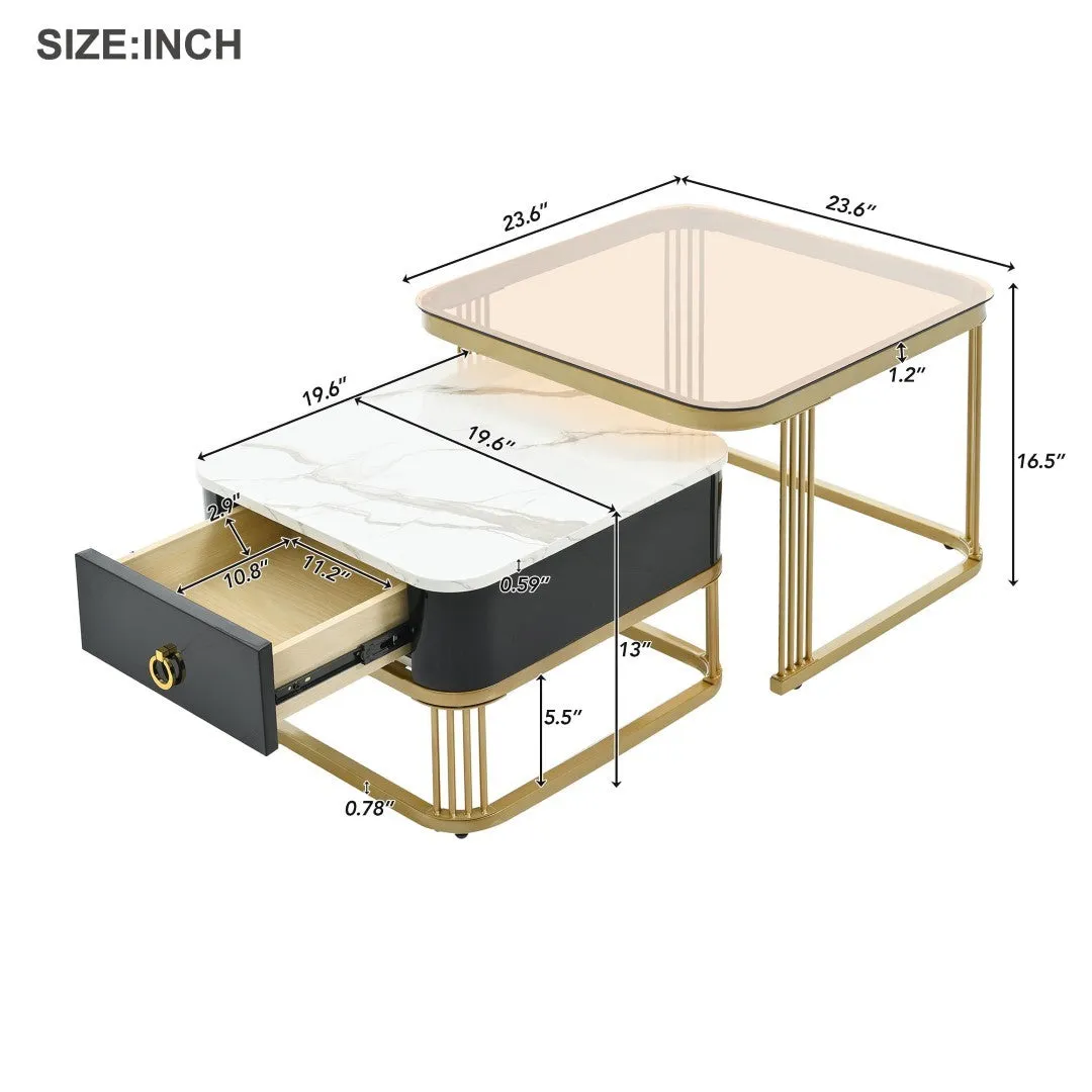 3-Piece Nesting Coffee Table Set, Square Stacking Tables with Brown Glass, High Gloss Marble Grain, Black