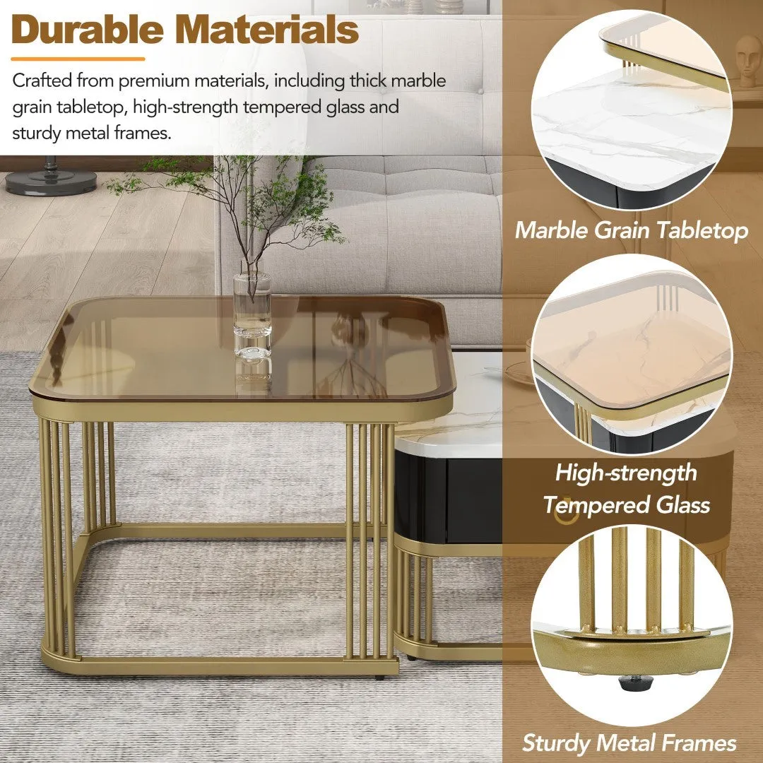 3-Piece Nesting Coffee Table Set, Square Stacking Tables with Brown Glass, High Gloss Marble Grain, Black