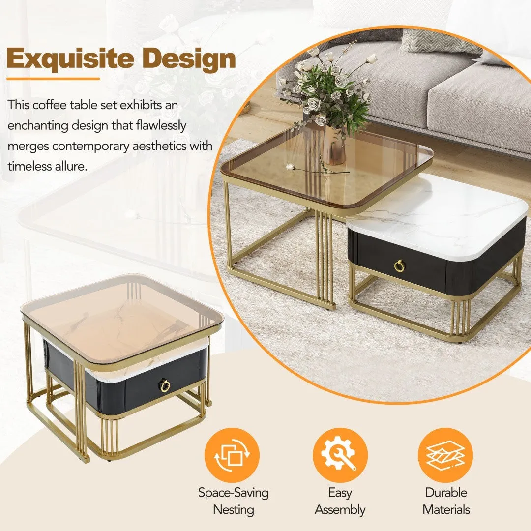 3-Piece Nesting Coffee Table Set, Square Stacking Tables with Brown Glass, High Gloss Marble Grain, Black