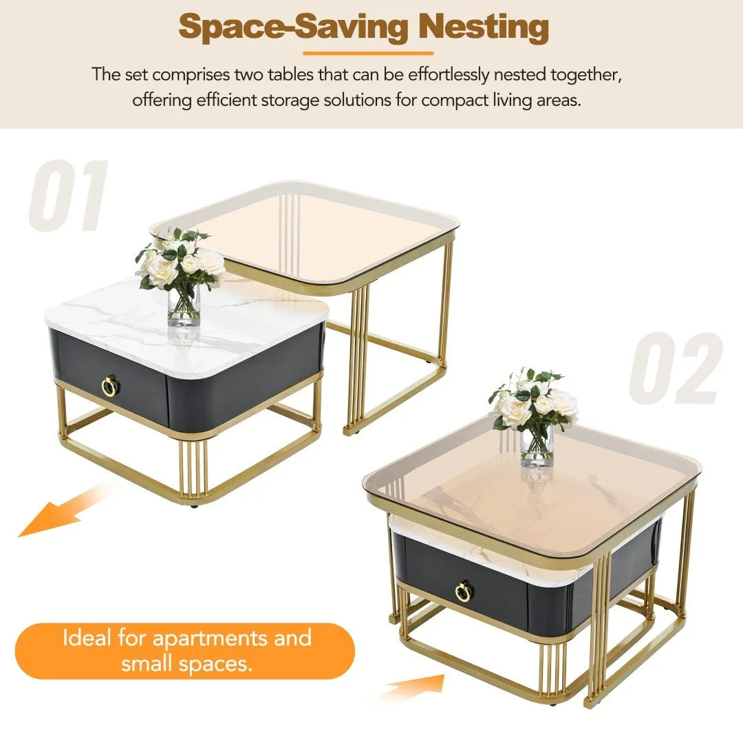 3-Piece Nesting Coffee Table Set, Square Stacking Tables with Brown Glass, High Gloss Marble Grain, Black