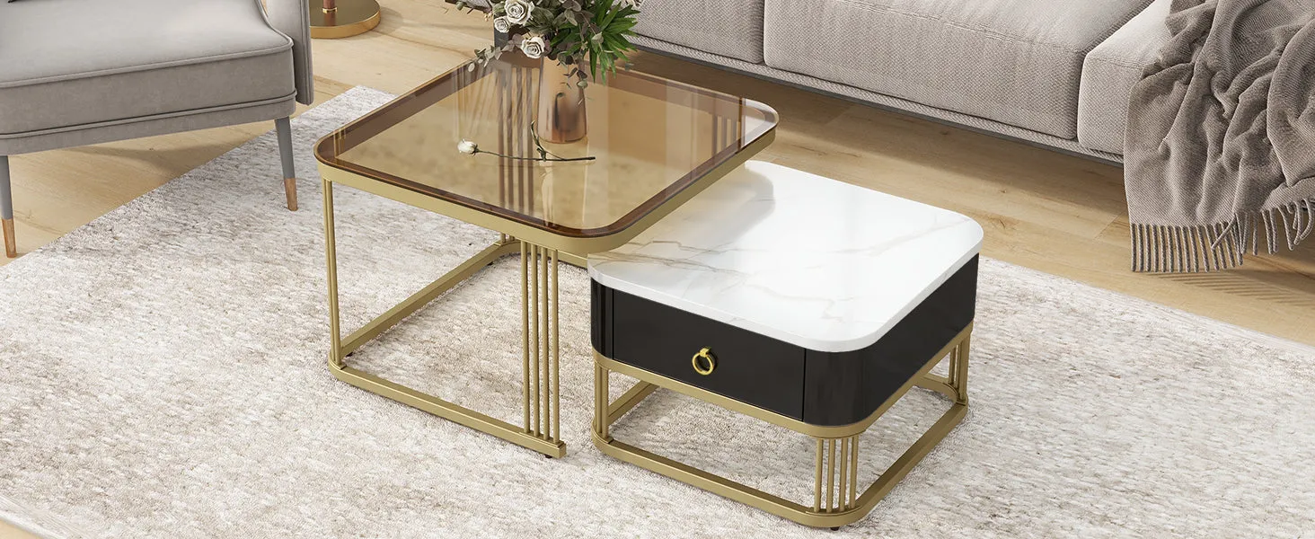 3-Piece Nesting Coffee Table Set, Square Stacking Tables with Brown Glass, High Gloss Marble Grain, Black