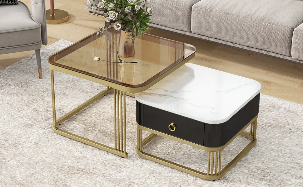 3-Piece Nesting Coffee Table Set, Square Stacking Tables with Brown Glass, High Gloss Marble Grain, Black