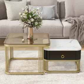 3-Piece Nesting Coffee Table Set, Square Stacking Tables with Brown Glass, High Gloss Marble Grain, Black