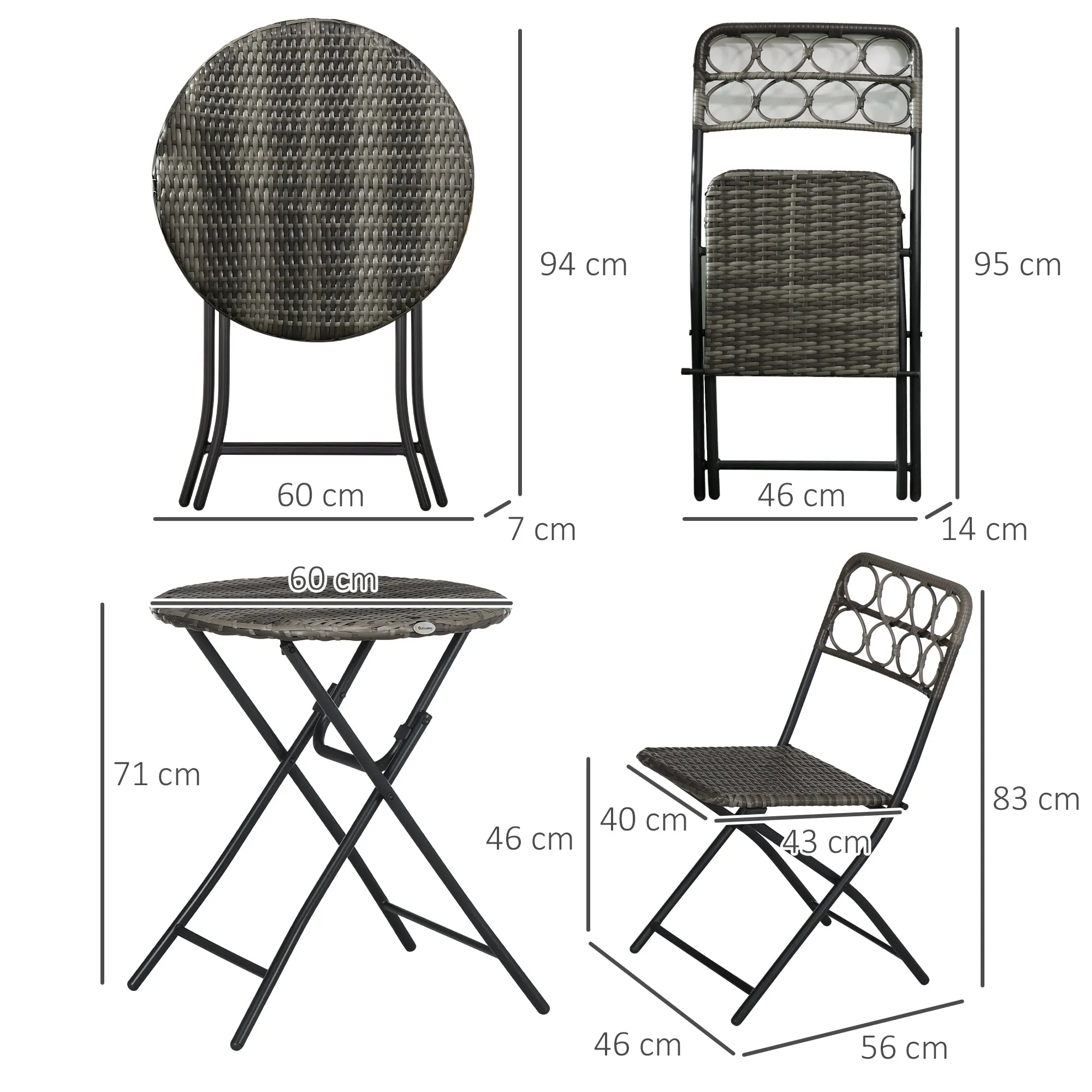 3-Piece Rattan Wicker Bistro Set with Easy Folding