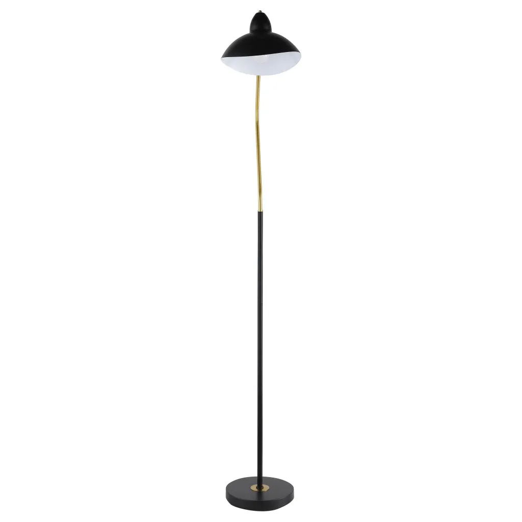 69 Inch Floor Lamp, V Curved Arm, Wavy Edges, Black Metal, Gold, White  By Casagear Home