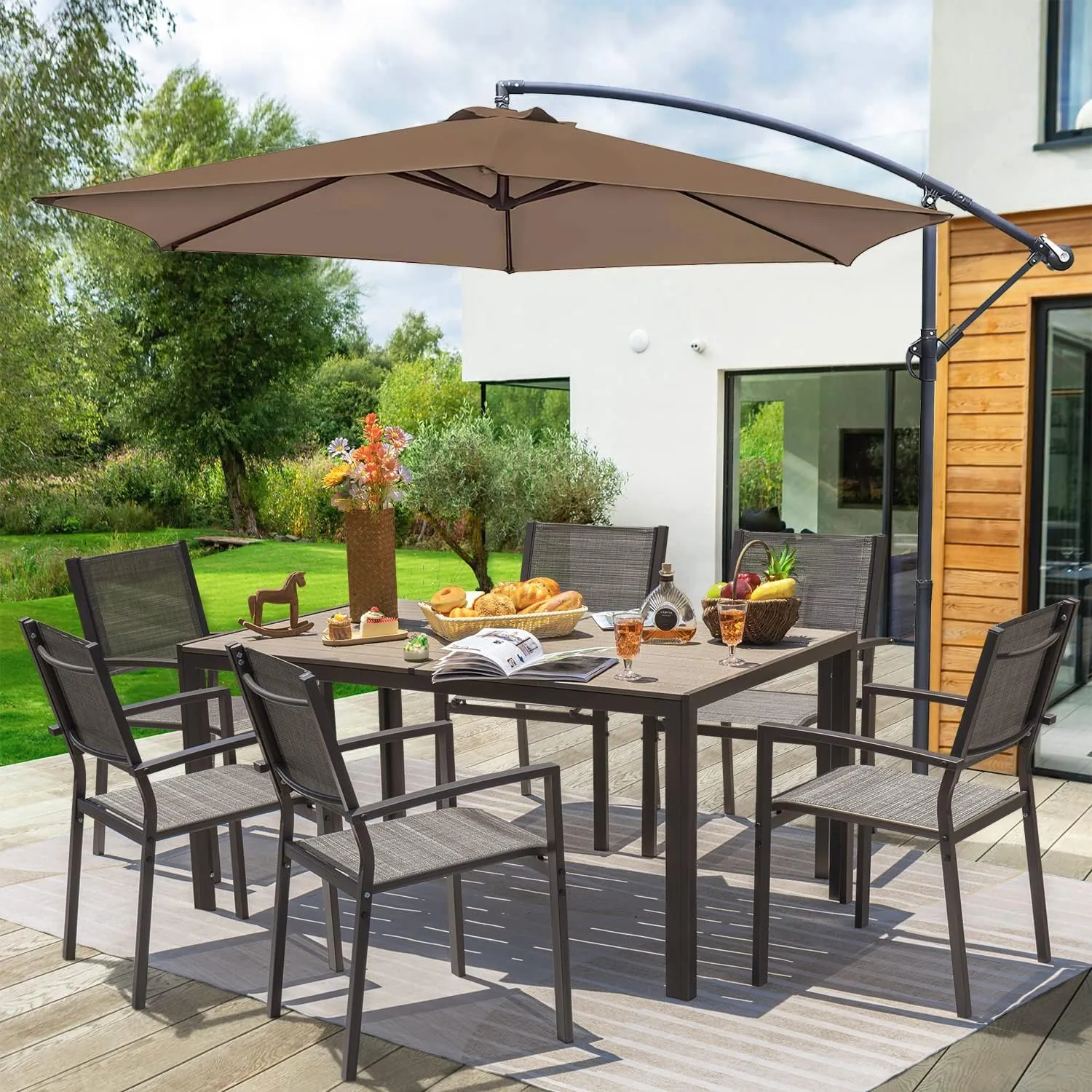 7 Pieces Patio Dining Set, Outdoor Furniture with 6 Stackable Chairs and Large Table