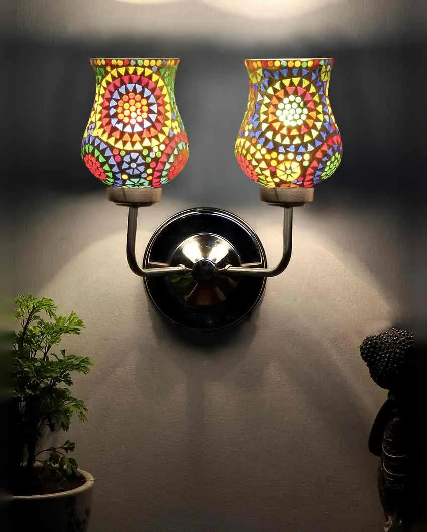 Artful Mosaic Glass Wall Mounted Dual Lamp With Steel Base | Set of 2 | 5 x 11 x 14 inches