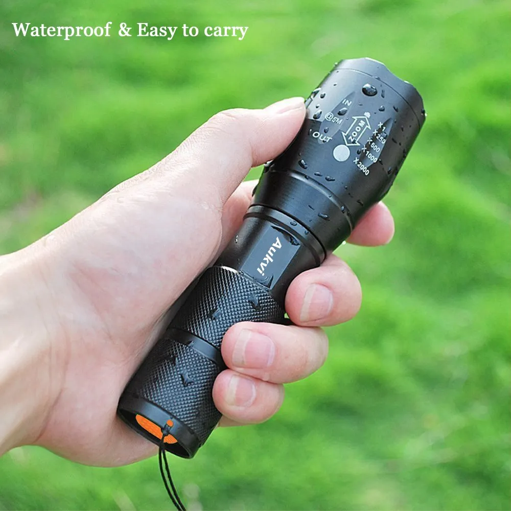 AuKvi TC1200 Tactical Flashlight 3000 Lumens Zoomable 5 Modes for Hurricane Camping Hiking etc (2-Pack)