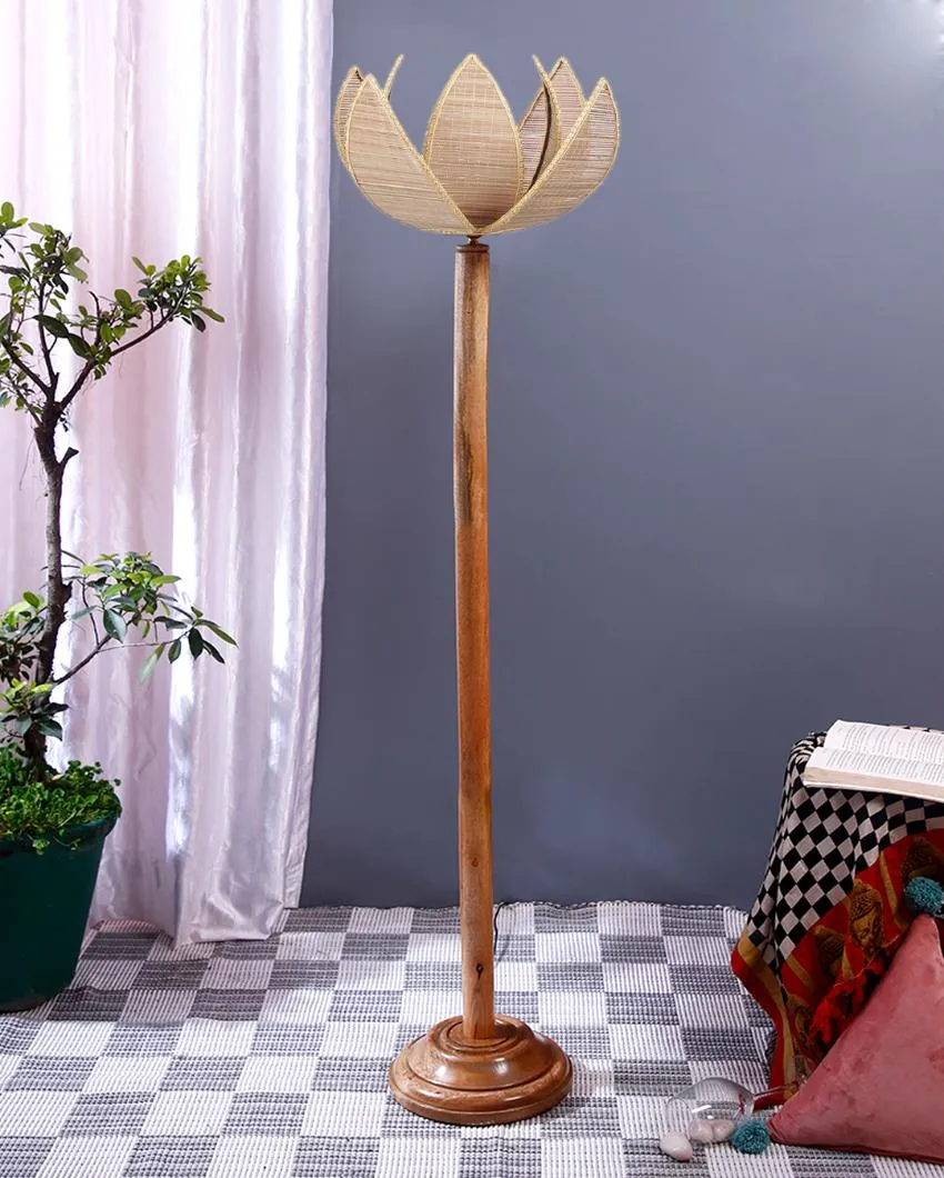 Bamboo Shade Floor Lamp With Natural Wooden Base | 12 x 56 Inches