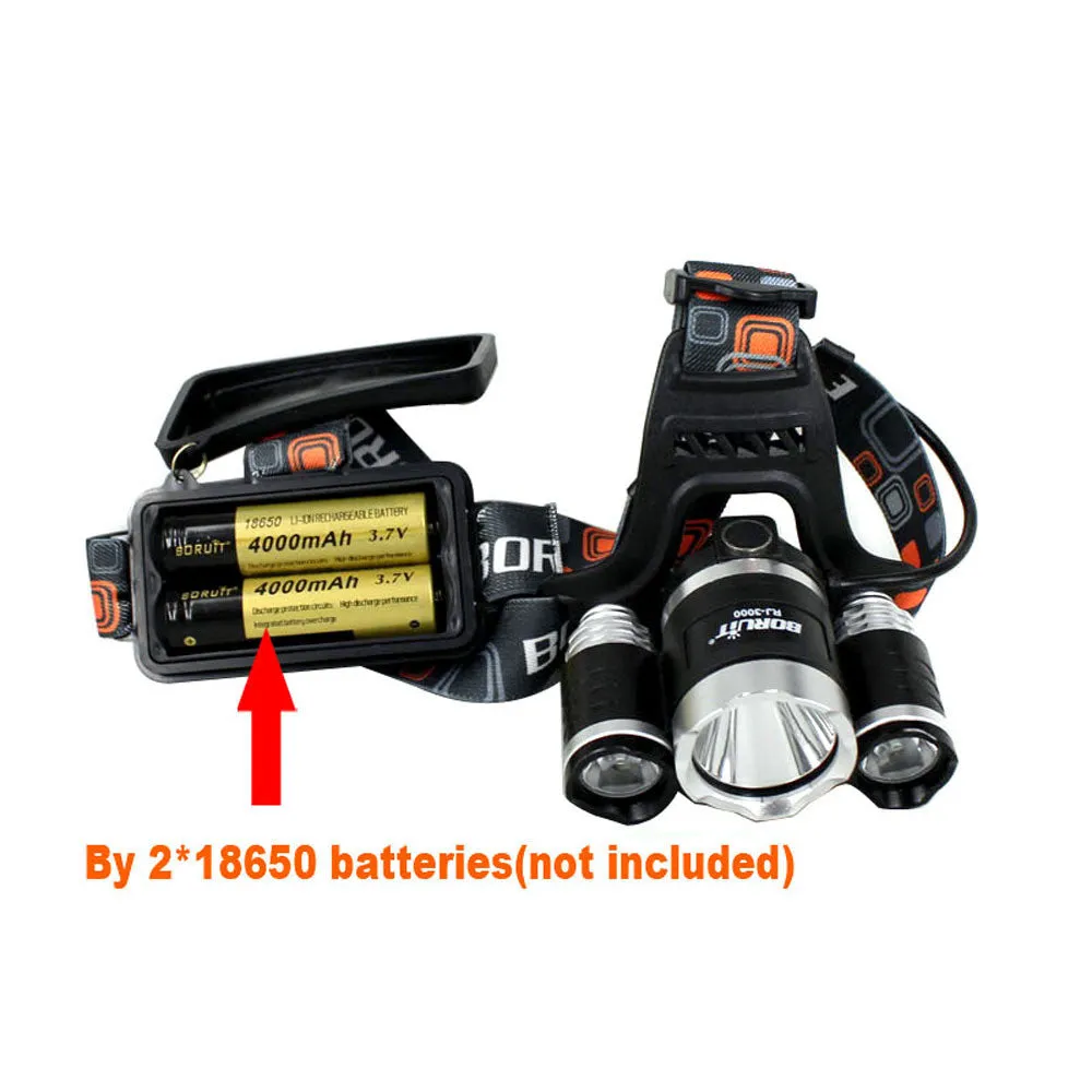 BORUIT RJ-3000 4 Modes 3xCree XM-L T6 4000 Lumens Rechargeable Headlamp(Black,2x18650)