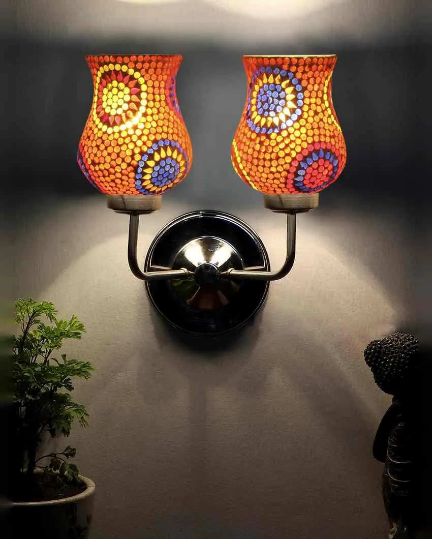 Brilliant Mosaic Glass Wall Mounted Dual Lamp With Steel Base | Set of 2 | 5 x 11 x 14 inches