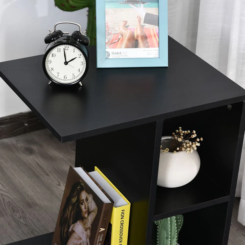 C-Shaped End Table with 2 Shelves and Wheels, Black