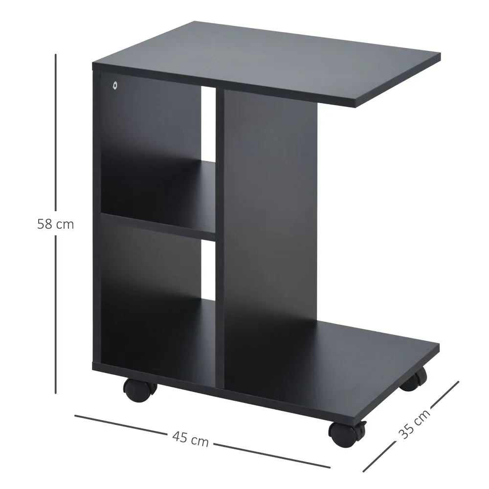 C-Shaped End Table with 2 Shelves and Wheels, Black