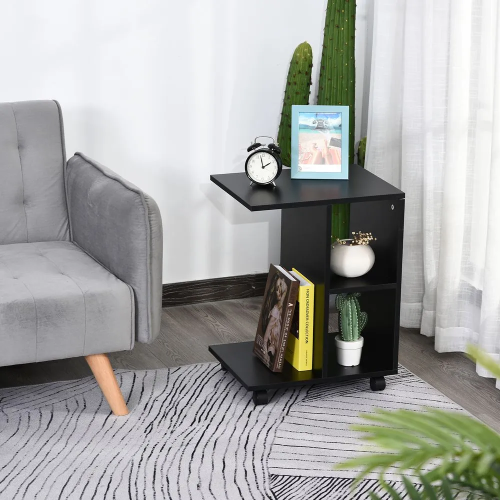 C-Shaped End Table with 2 Shelves and Wheels, Black