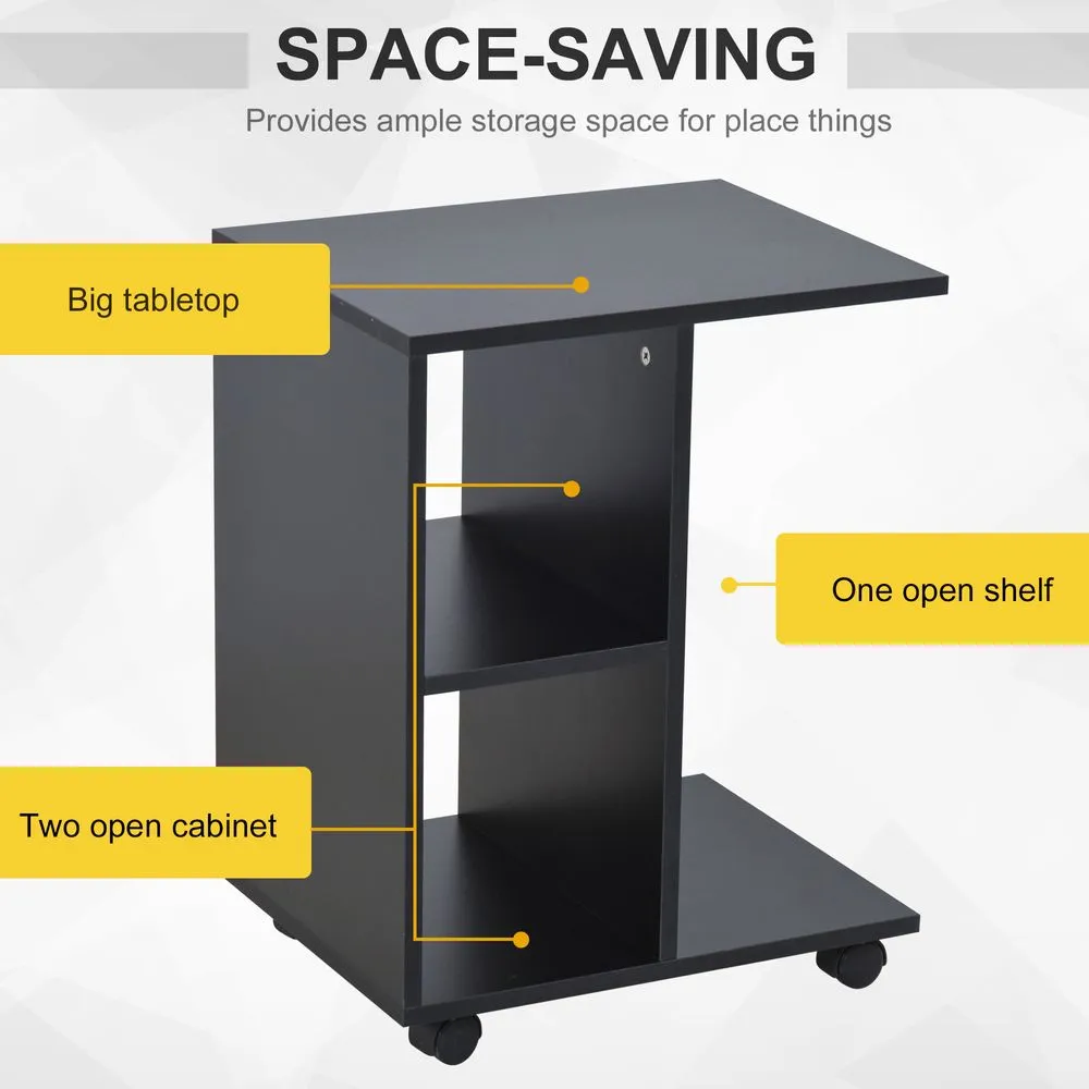 C-Shaped End Table with 2 Shelves and Wheels, Black