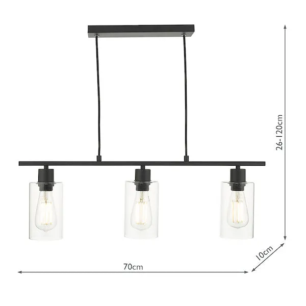 Dar Miu 3 Light Bar Pendant Matt Black Glass