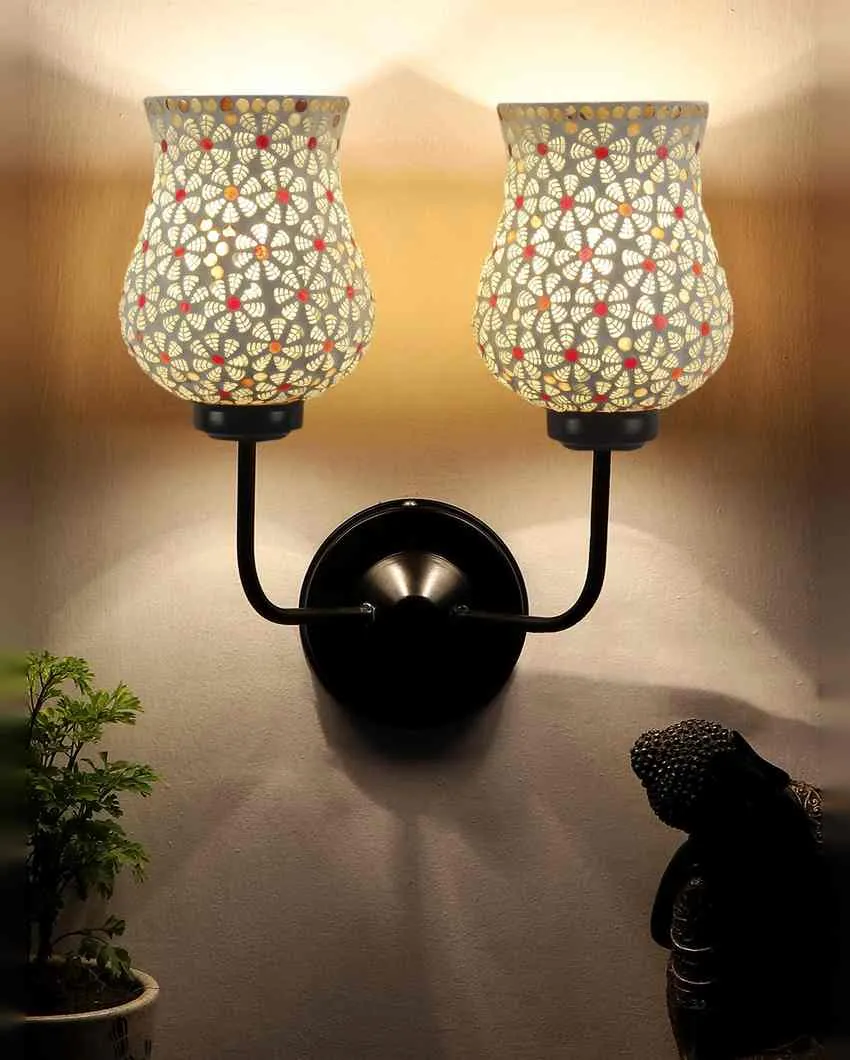 Decorative Unique Mosaic Glass Wall Mounted Dual Lamp With Iron Base | Set of 2 | 5 x 11 x 14 inches