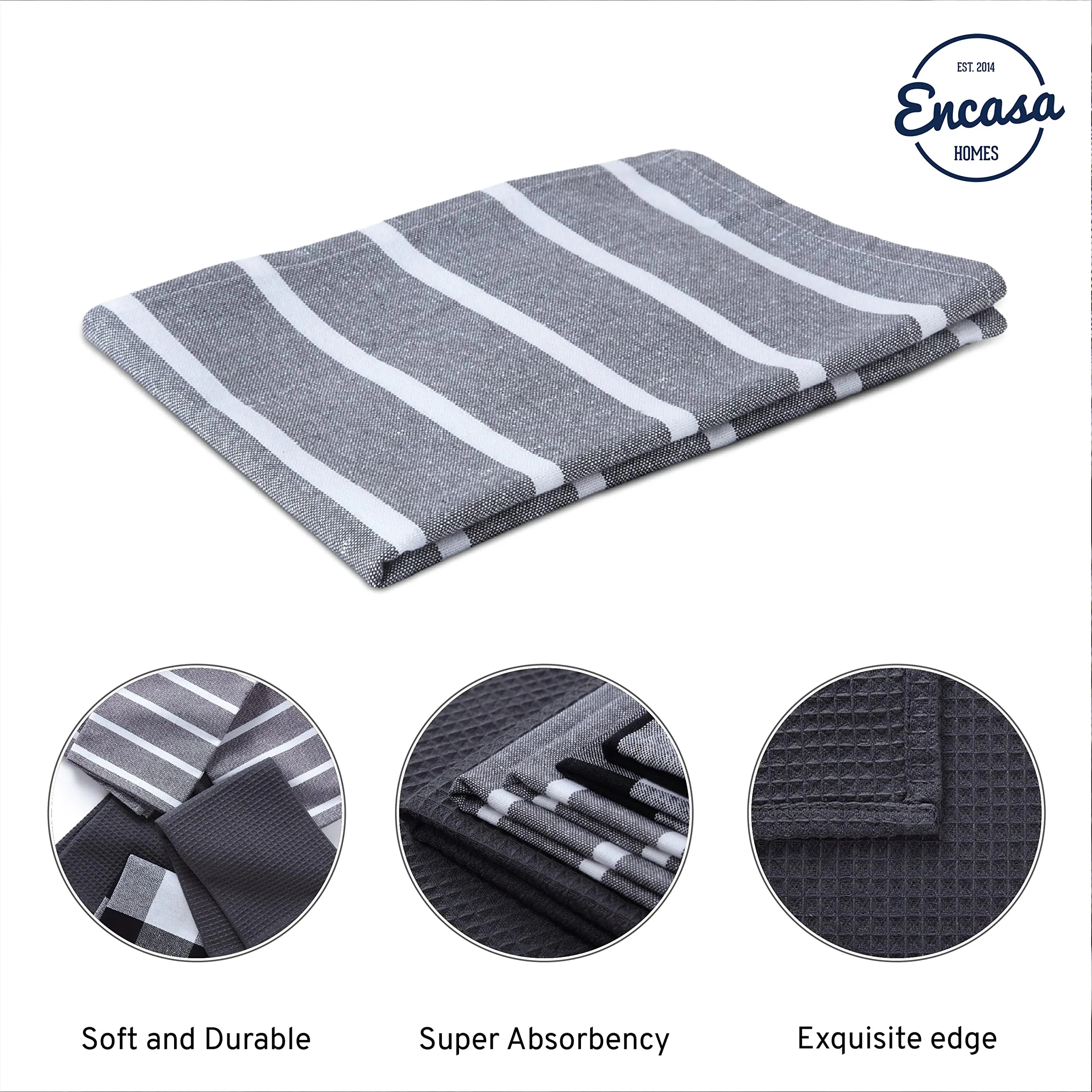 Encasa Homes Anti-Bacterial Kitchen Dish Towels X-Large 18 x 28 inch (5pc Set Waffle, Stripe, Check) Eco-Friendly Cotton, Highly Absorbent Teatowel for Quick Cleaning & Drying Plates & Glasses - Grey