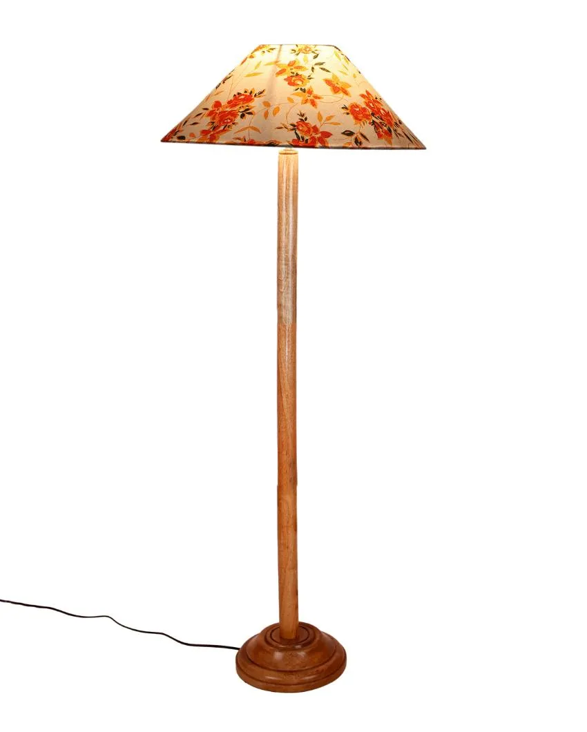 Floral Cotton Coolie Shade Floor Lamp With Natural Wooden Base | 13 x 56 Inches