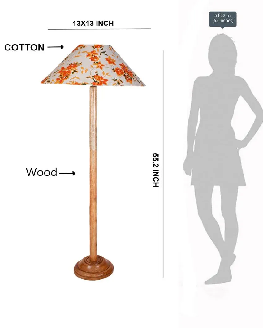 Floral Cotton Coolie Shade Floor Lamp With Natural Wooden Base | 13 x 56 Inches