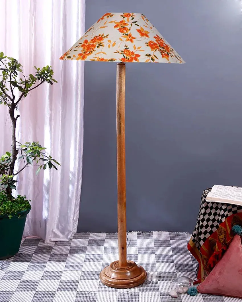 Floral Cotton Coolie Shade Floor Lamp With Natural Wooden Base | 13 x 56 Inches