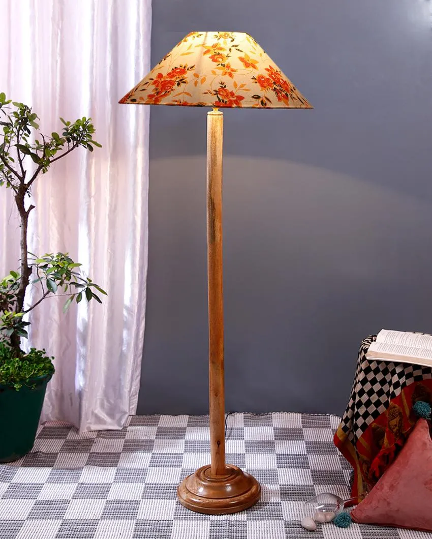 Floral Cotton Coolie Shade Floor Lamp With Natural Wooden Base | 13 x 56 Inches