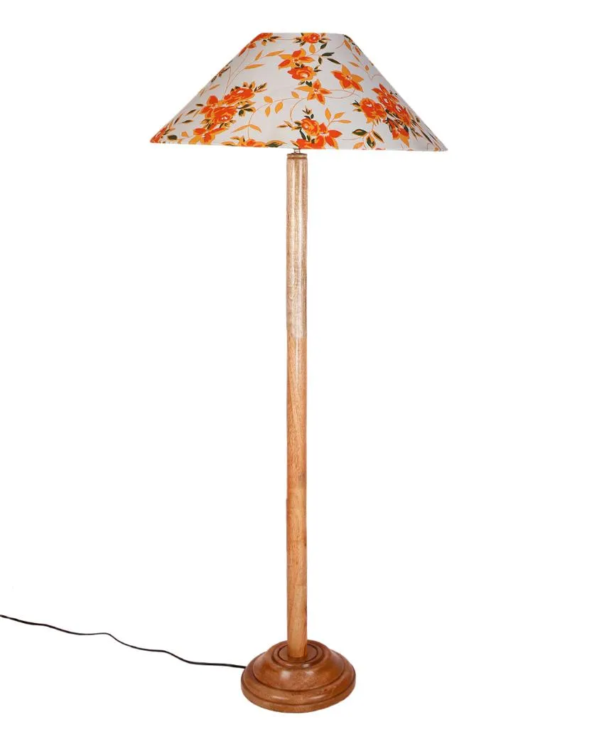 Floral Cotton Coolie Shade Floor Lamp With Natural Wooden Base | 13 x 56 Inches