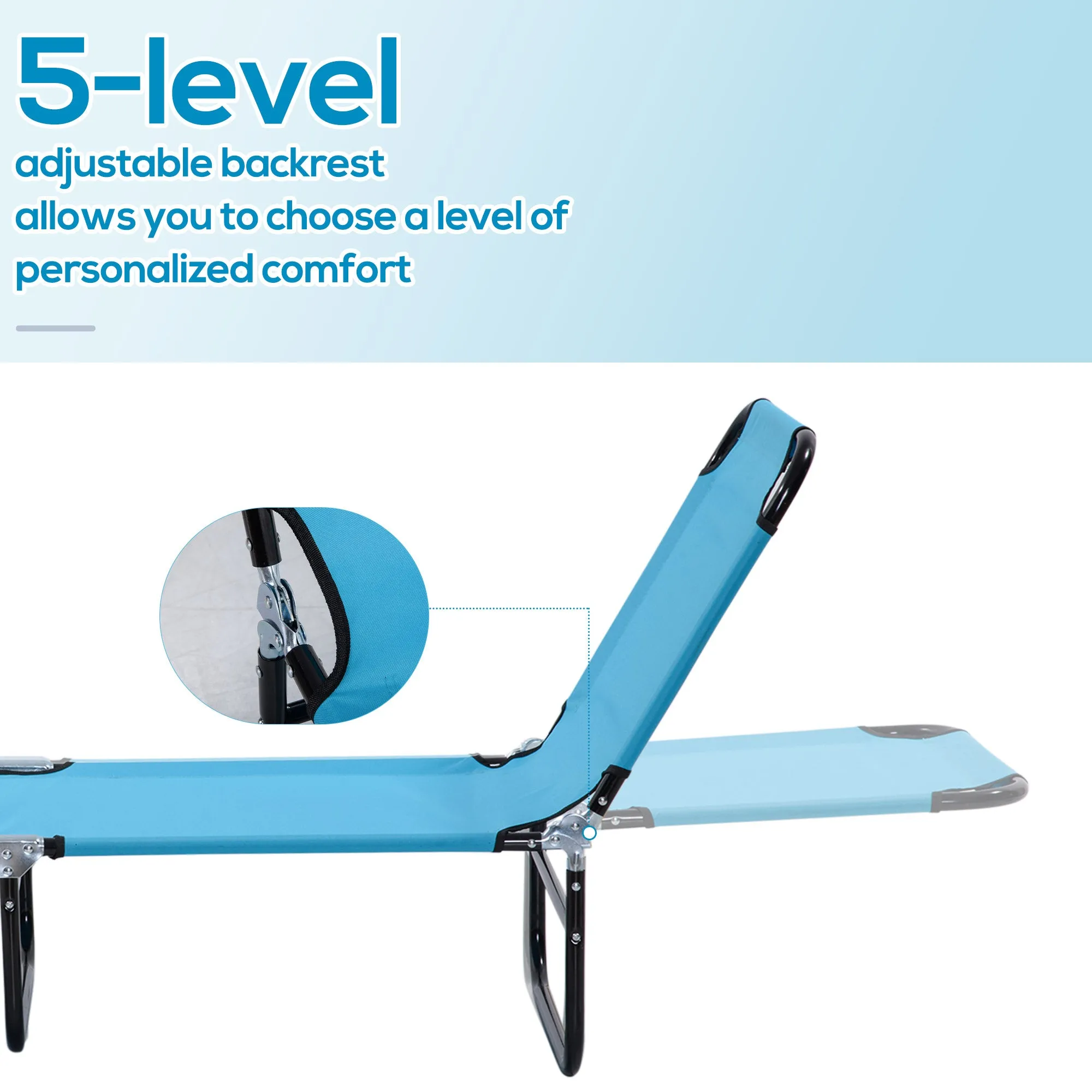 Folding Chaise Lounge Pool Chairs, Outdoor Sun Tanning Chairs, Reclining Back, Steel Frame & Breathable Mesh, Sky Blue