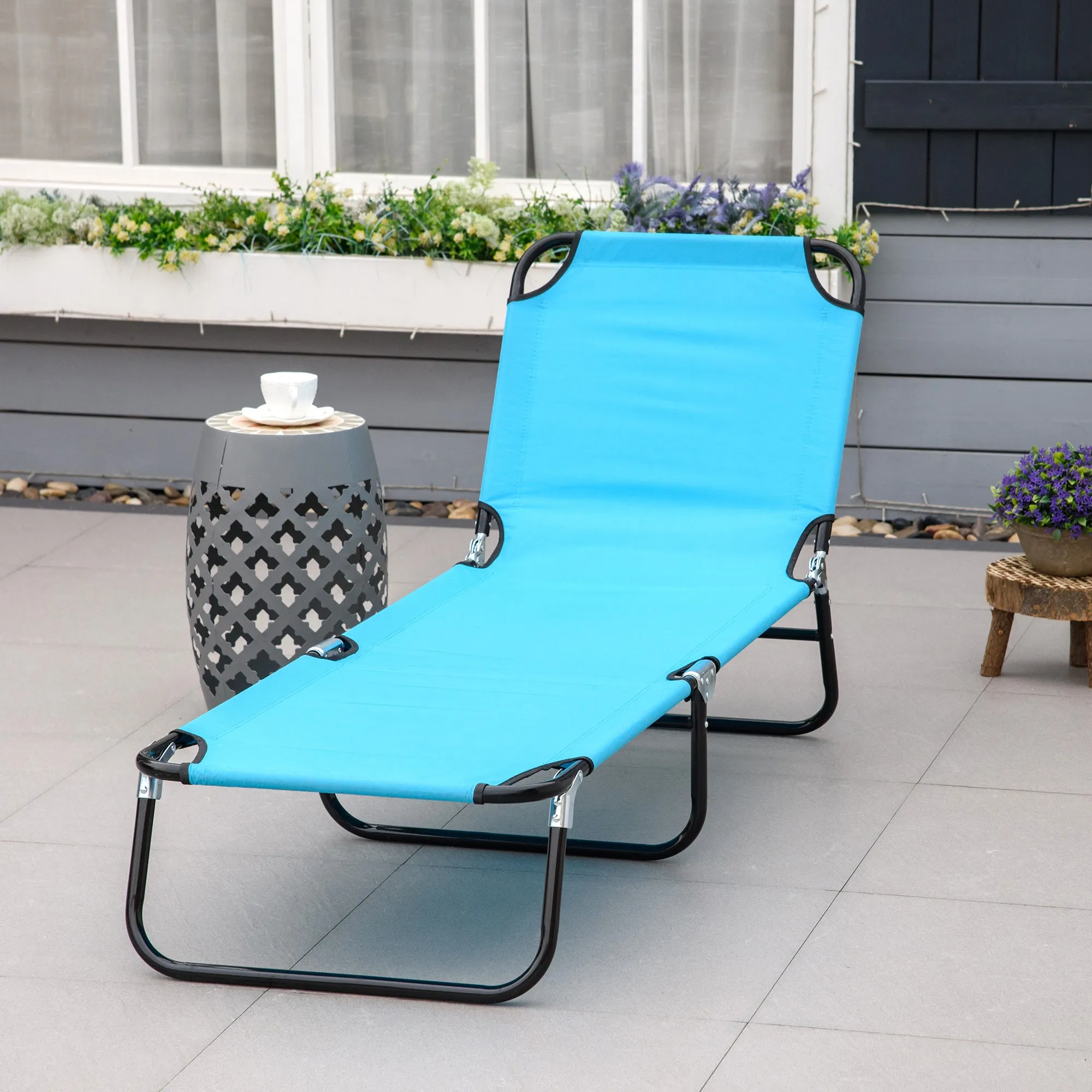 Folding Chaise Lounge Pool Chairs, Outdoor Sun Tanning Chairs, Reclining Back, Steel Frame & Breathable Mesh, Sky Blue