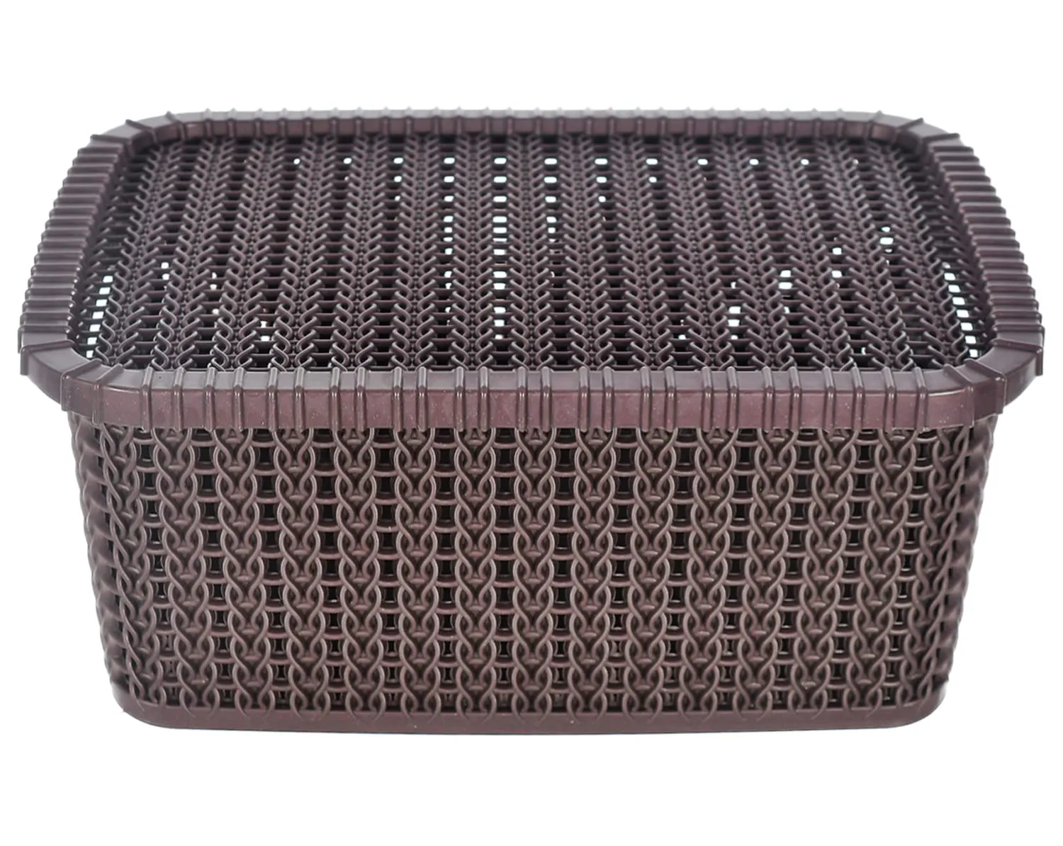 Heart Home Multiuses Large M 20 Plastic Basket/Organizer With Lid|Side Handles & Wovan Design|Size 26 x 20 x 11|Pack of 3 (Brown) -46HH065