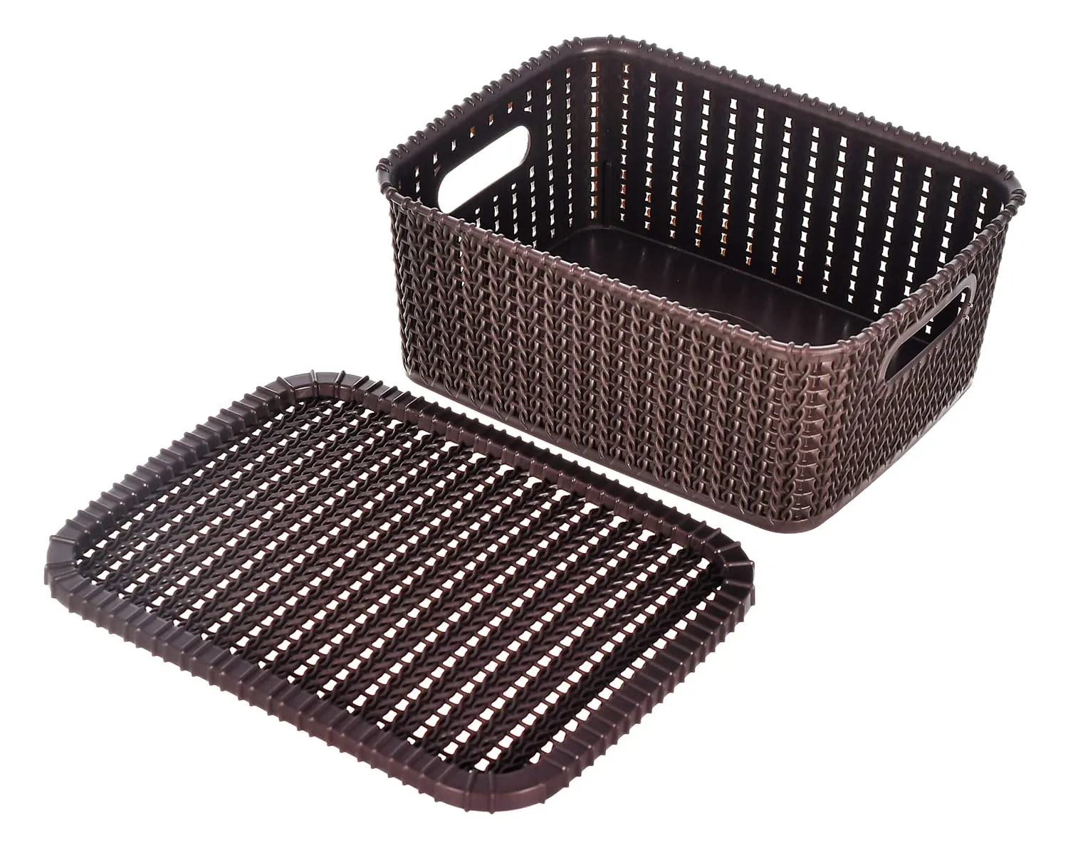 Heart Home Multiuses Large M 20 Plastic Basket/Organizer With Lid|Side Handles & Wovan Design|Size 26 x 20 x 11|Pack of 3 (Brown) -46HH065