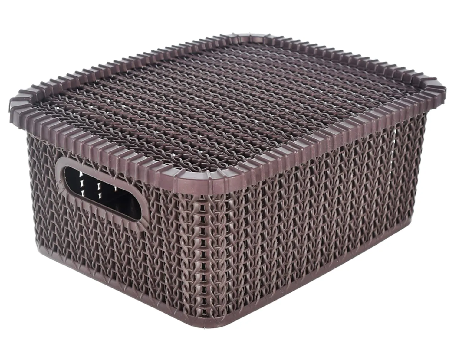 Heart Home Multiuses Large M 20 Plastic Basket/Organizer With Lid|Side Handles & Wovan Design|Size 26 x 20 x 11|Pack of 3 (Brown) -46HH065