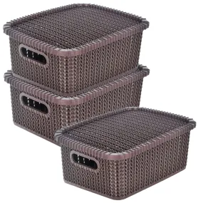 Heart Home Multiuses Large M 20 Plastic Basket/Organizer With Lid|Side Handles & Wovan Design|Size 26 x 20 x 11|Pack of 3 (Brown) -46HH065