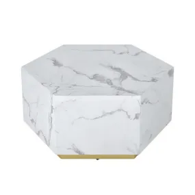 Hexi 35 Inch Coffee Table, Hexagonal, White Marble Design, Gold Base By Casagear Home