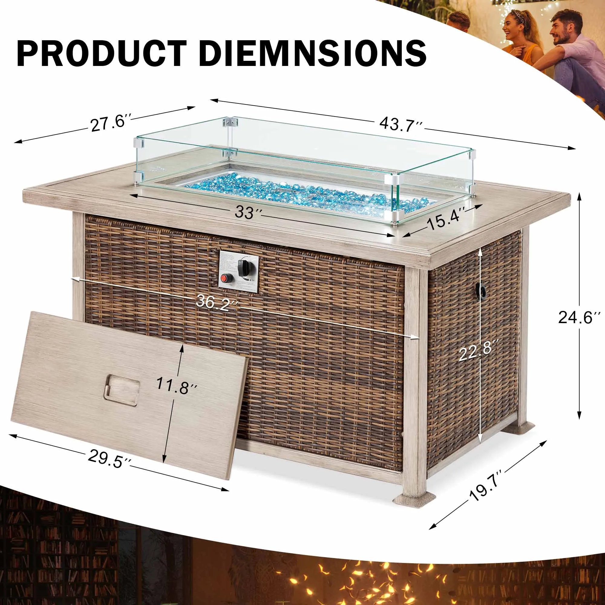 Homrest 44 in Outdoor Propane Fire Pit Table with Glass Wind Guard, Brown