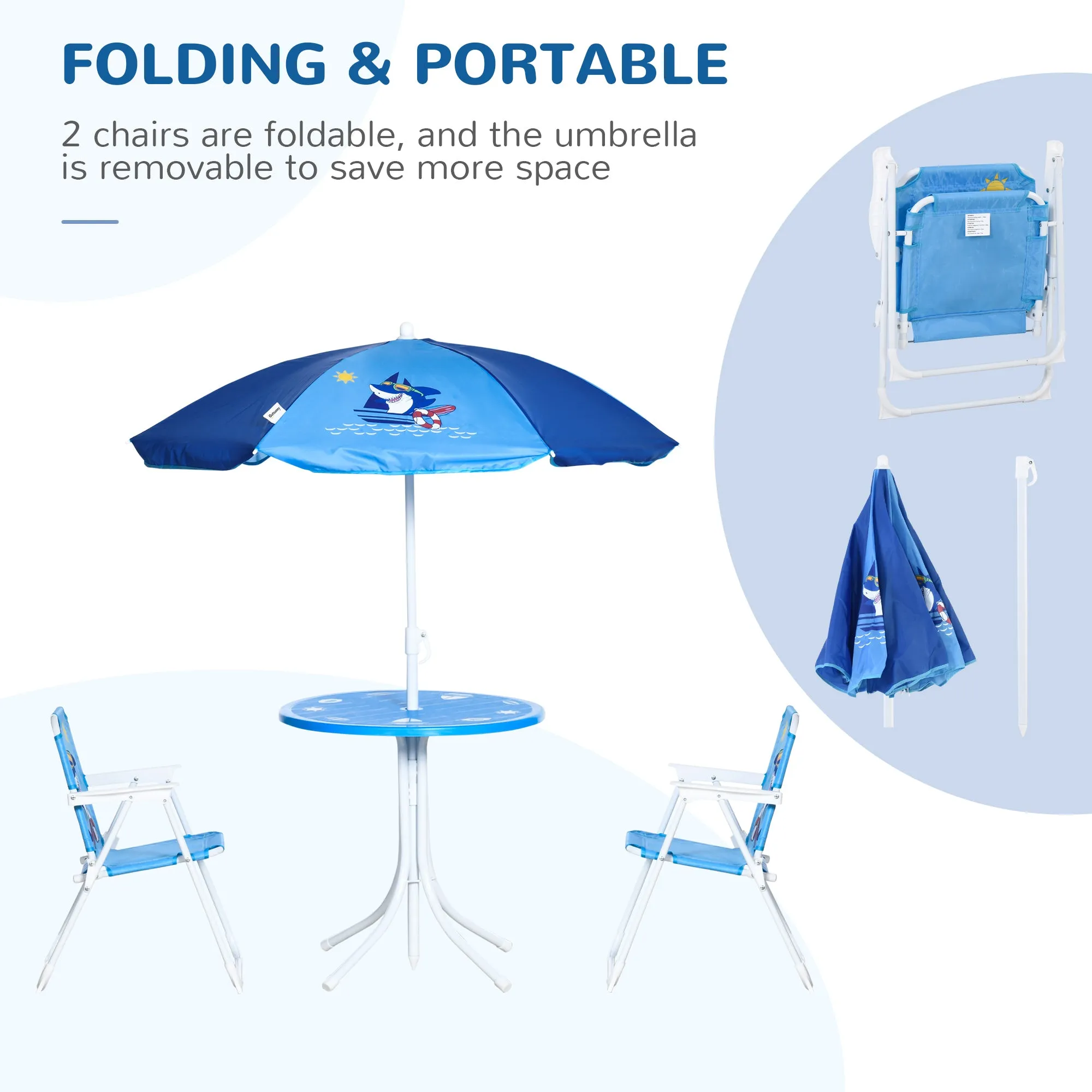 Kids Picnic & Table Chair set, Outdoor Folding Garden Furniture w/ Shark Design, Removable, Adjustable Sun Umbrella, Ages 3-6 Years - Blue