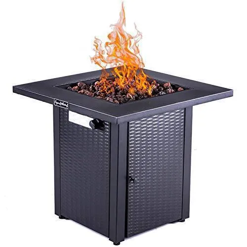 LEGACY HEATING 28 Inch Square Outdoor Gas Propane Fire Pit Pits Firepit Fireplace Dinning Table Tables with Lid, Lava Stone, 48000BTU, ETL Certification, Wicker Look, for Garden Backyard Deck Patio