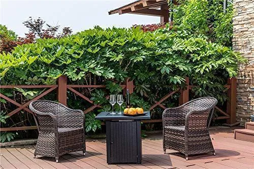 LEGACY HEATING 28 Inch Square Outdoor Gas Propane Fire Pit Pits Firepit Fireplace Dinning Table Tables with Lid, Lava Stone, 48000BTU, ETL Certification, Wicker Look, for Garden Backyard Deck Patio