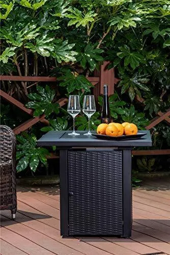 LEGACY HEATING 28 Inch Square Outdoor Gas Propane Fire Pit Pits Firepit Fireplace Dinning Table Tables with Lid, Lava Stone, 48000BTU, ETL Certification, Wicker Look, for Garden Backyard Deck Patio