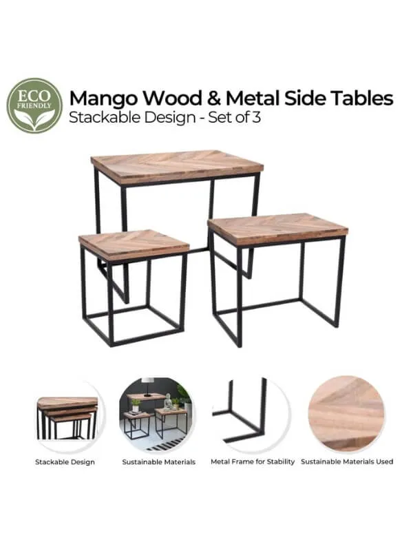 Mango Wood Side Tables - 3 Pieces - Stackable Design