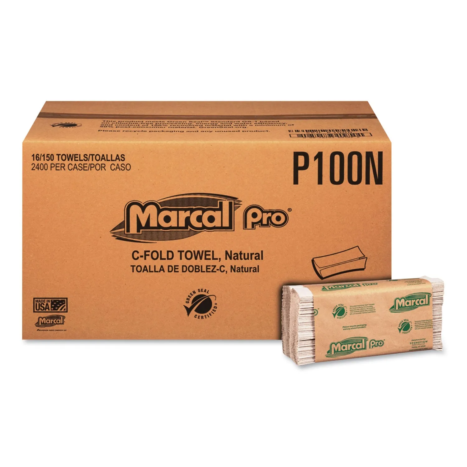 Marcal Paper Folded Paper Towels, 1-Ply, 10 1/8" X 12 7/8 ", 150/Pack, 16 Packs/Ct - MRCP100N