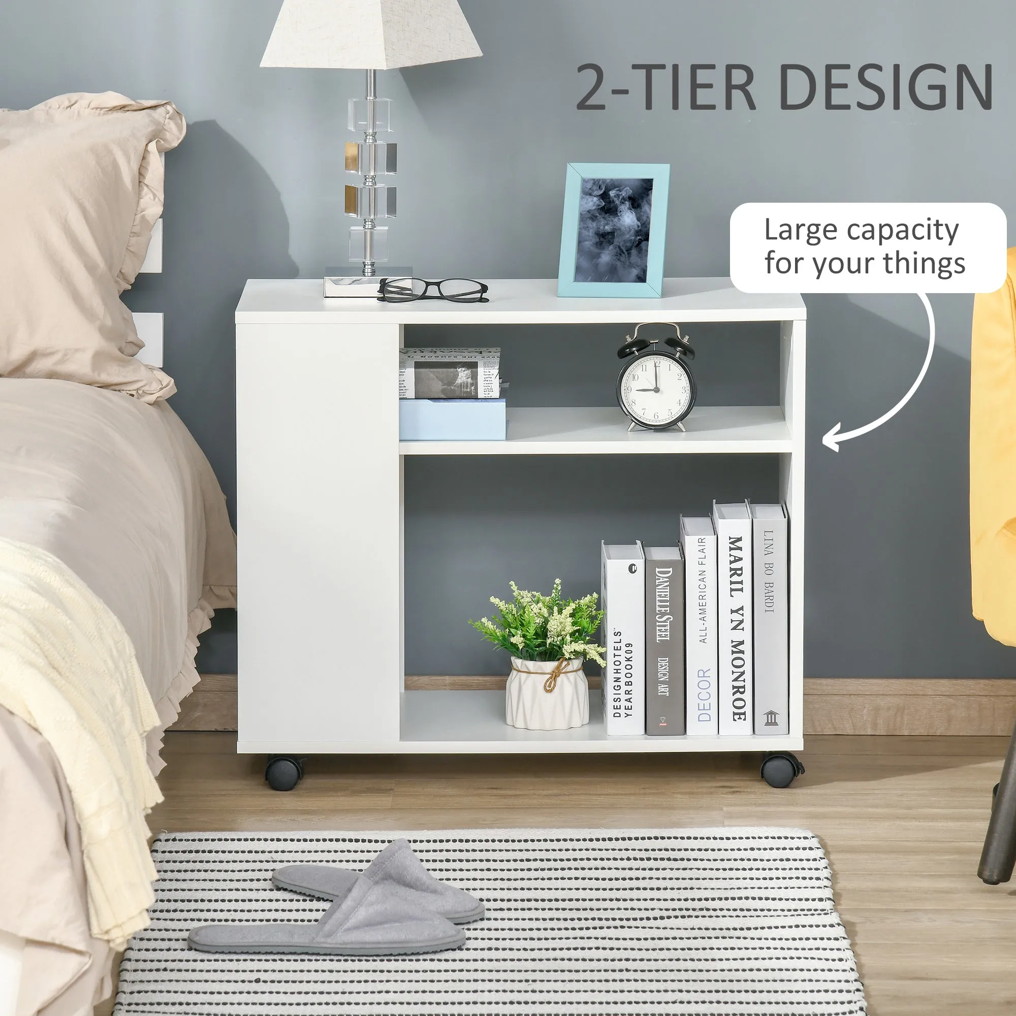 Mobile Sofa Bed Beside Side Table Nightstand End Table with 2 Storage Shelves Casters Brake Wheels for Compact Home Cart