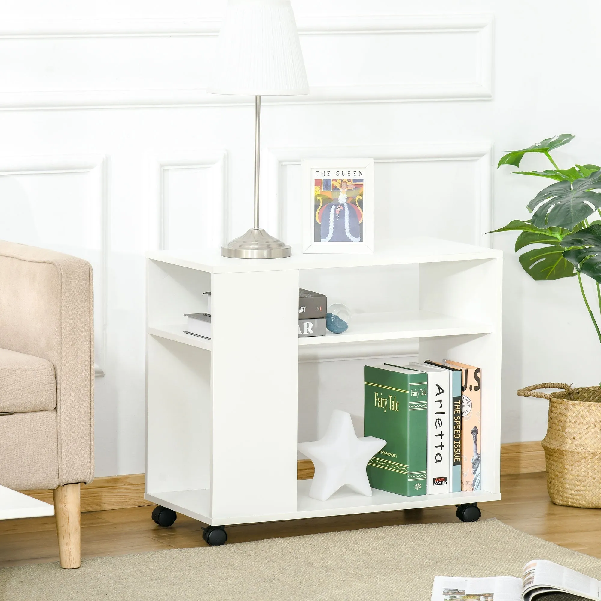 Mobile Sofa Bed Beside Side Table Nightstand End Table with 2 Storage Shelves Casters Brake Wheels for Compact Home Cart