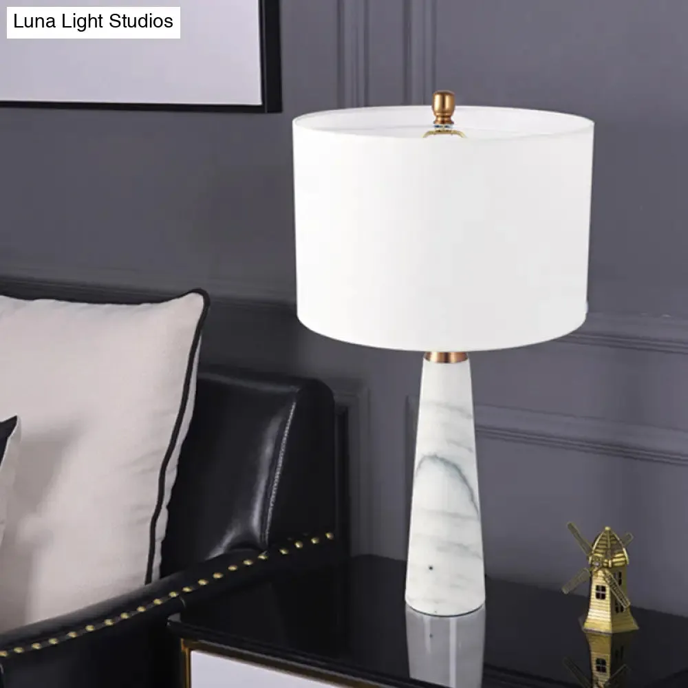 Nordic Single-Bulb Table Lamp with Fabric Cylinder Shade & Conical Marble Base - Grey/White