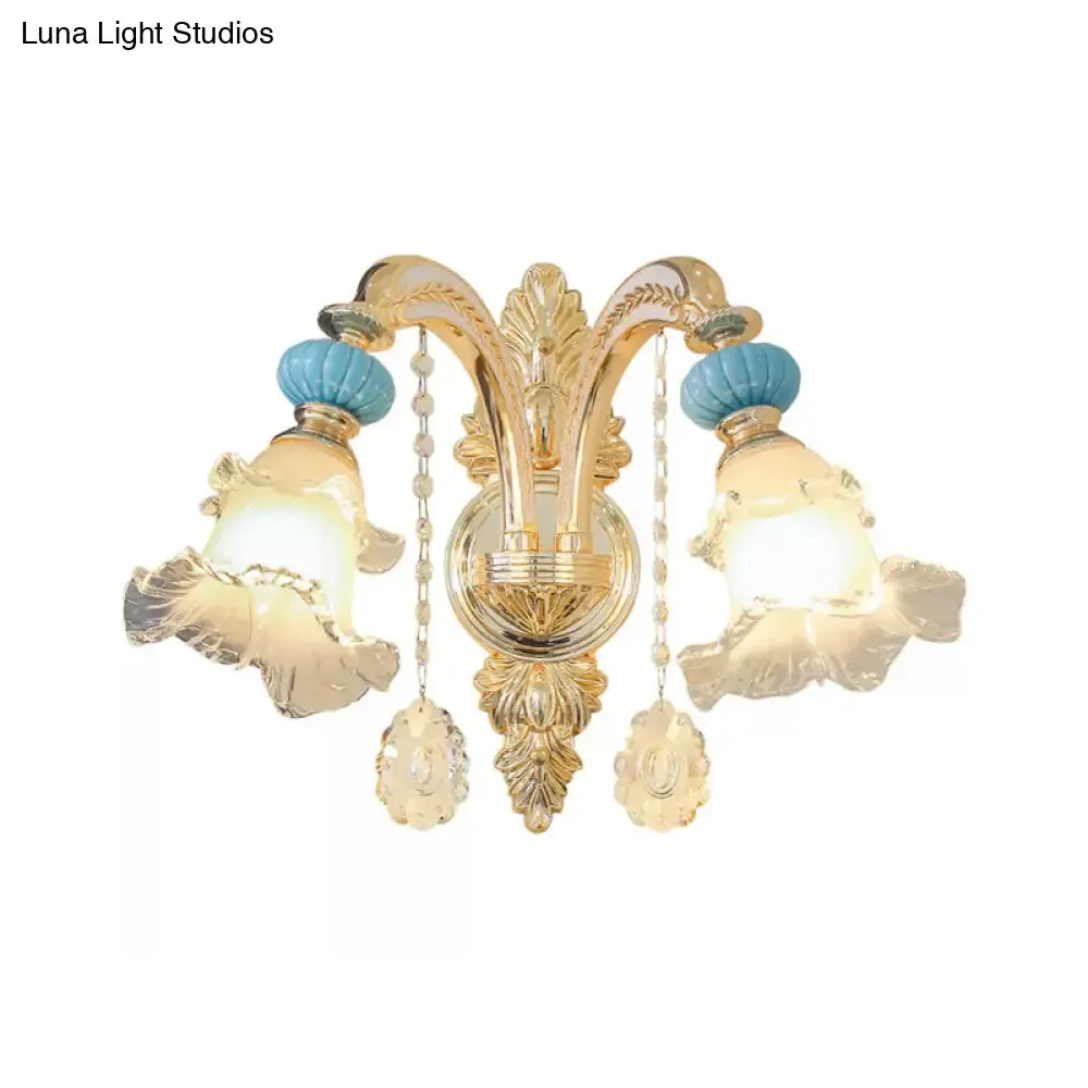 Nordic White Glass Flower Wall Mount Light with Crystal Drop - Gold Accent, Ideal for Bedroom - 1/2 Lights